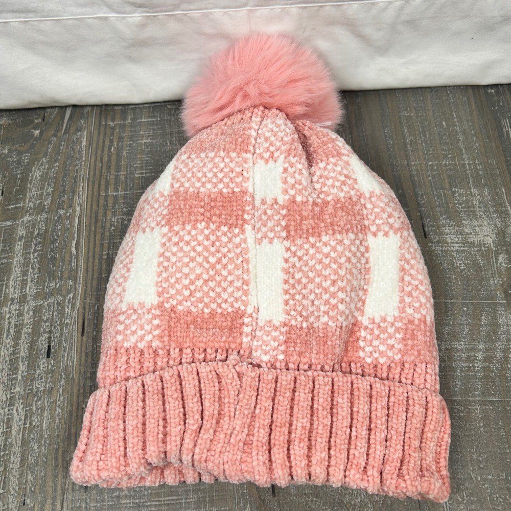 Under Armour Pink White Plaid Chenille Knit Beanie Faux Fur Pom Fleece Lined NEW - Picture 4 of 5